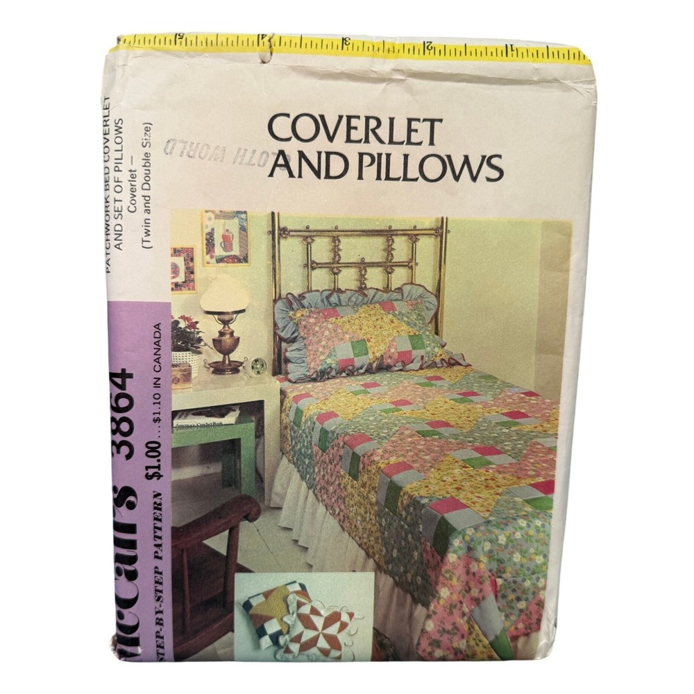 Vintage McCall's‎ 3864 Patchwork Bed Coverlet Pillow Pattern Uncut Pillows 70's